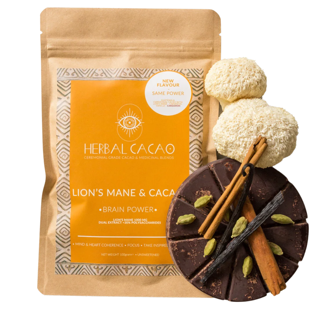 100%Rohkakao, Ritualkakao angereichert mit Vitalpilz Löwenmähne 100Gramm, Herbal Cacao für Kakaozeremonie, zeremonieller Rohkakao, Rohkakao bio